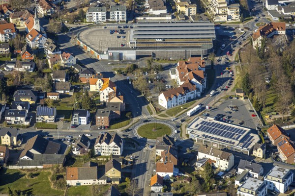Aerial view, roundabout Hellweg, Aldi supermarket, above Kaufland supermarket, Werl, Soester Börde,
