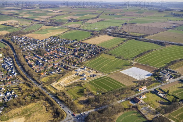 Aerial view, residential area, local view on the L969 country road, building site construction site
