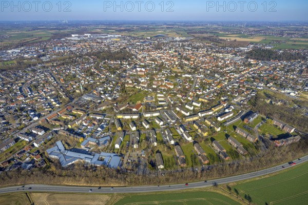 Aerial view, residential area local view Werl, blue sky with distant view, below the