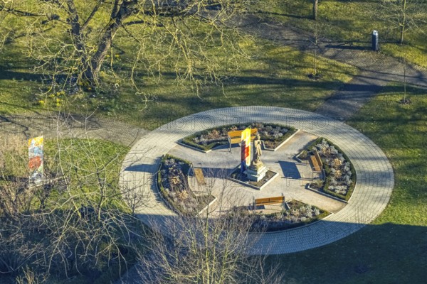 Aerial view, monastery garden circular monument at the pilgrimage basilica Mariä Heimsuchung, Werl,