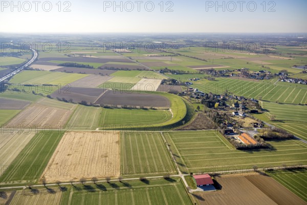 Aerial view, flood retention basin Bruchbachtal-Büderich, meadows and fields, Westbüderich, Werl,