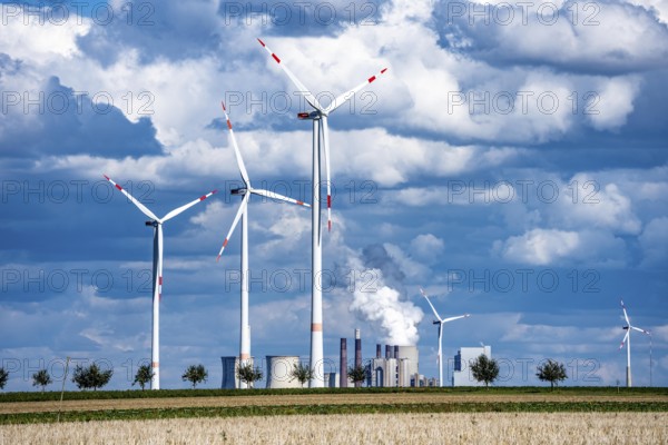 RWE's Neurath lignite-fired power station, wind farm, Rhenish lignite mining region of North