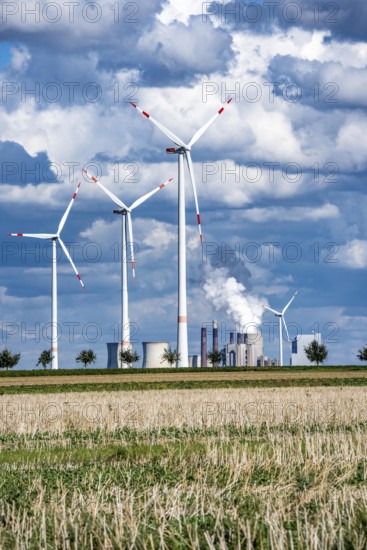 RWE's Neurath lignite-fired power station, wind farm, Rhenish lignite mining region of North