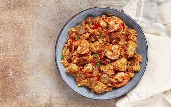 Jambalaya, Creole dish, American pilaf, rice with chicken and shrimp, vegetables, homemade, no