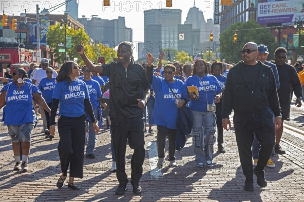 Detroit, Michigan USA - 1 September 2025 - Solomon Kinloch marches with auto workers in Detroit's