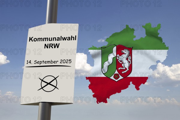 (Photomontage) Election poster with text KOMMUNALWAHL North Rhine-Westphalia 14 SEPTEMBER 2025 next