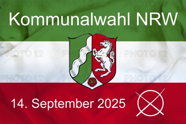 Graphic with the flag of North Rhine-Westphalia with text KOMMUNALWAHL North Rhine-Westphalia 14