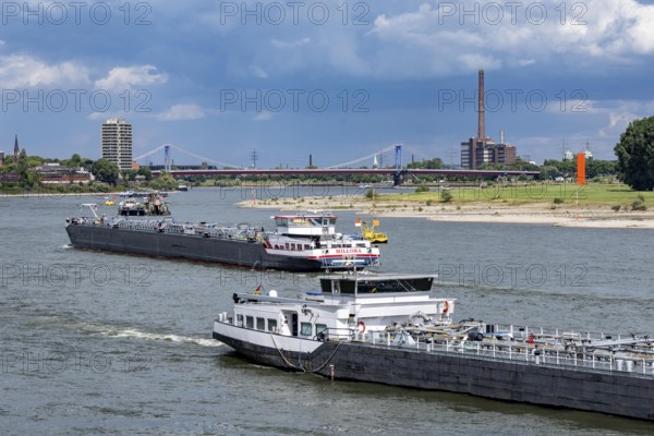 Cargo ships on the Rhine near Duisburg, in the background the Friedrich-Ebert-Bridge between