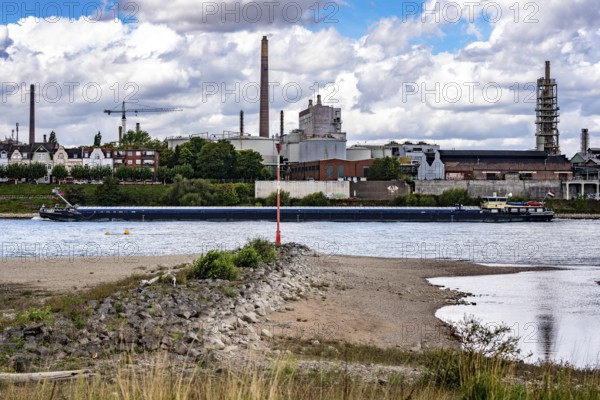 Rhine near Duisburg, low water, Rhine level, the right bank of the Rhine, near Duisburg-Neuenkamp,