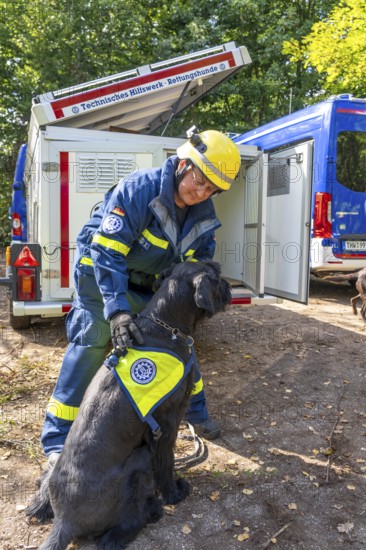 Dog handlers with rescue dogs from the Specialist Locating Group get ready for action, the sniffer