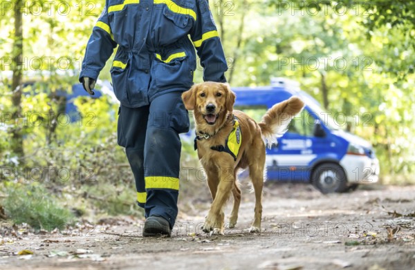 Dog handlers with rescue dogs from the Specialist Locating Group get ready for action, the sniffer