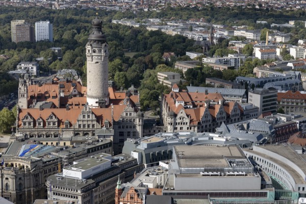 View from the observation deck of the City Skyscraper towards the new town hall, town hall tower,