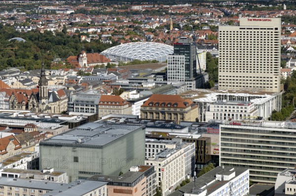 View from the observation deck of the City Tower towards the Zoo, Sparkasse, and The Westin Leipzig