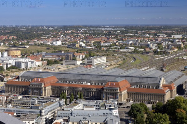 View from the observation deck of the City Tower to the main station, Leipzig, Saxony, Germany, 26