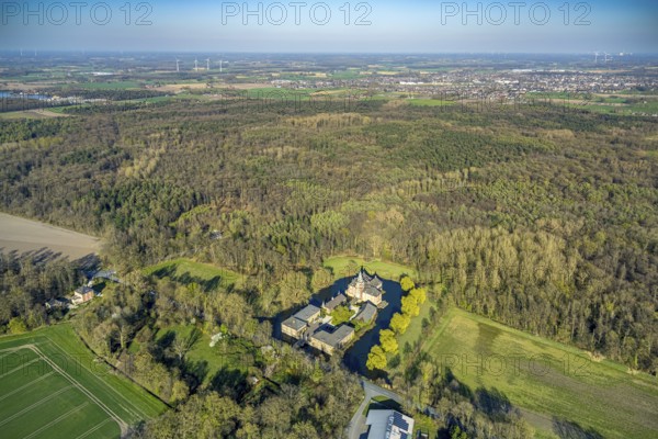 Aerial view, Schloss Sandfort, also Haus Sandfort, moated castle and moat, surrounded by a wooded