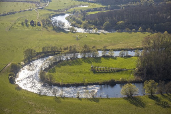 Aerial view, river Lippe meander, Lippe loop, river development and floodplain development of the