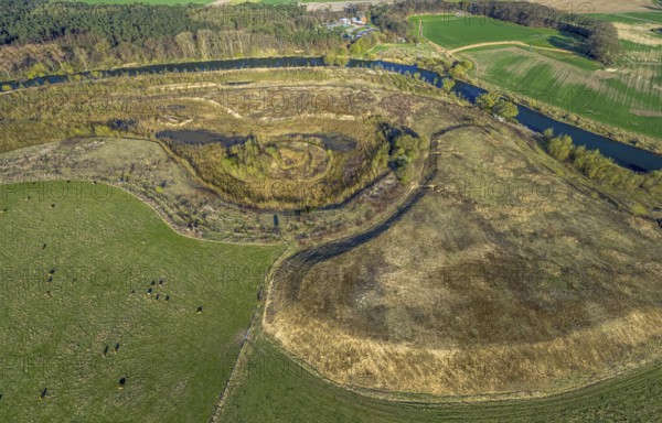 Aerial view, Lippe floodplain nature reserve, river Lippe, river development and floodplain