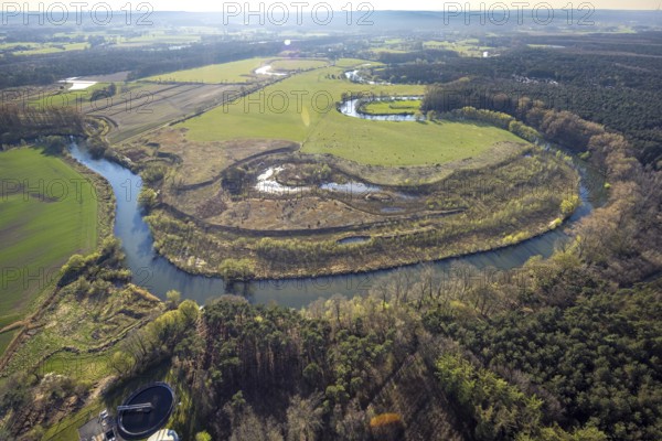Aerial view, Lippe floodplain and river Lippe meander at the sewage treatment plant Olfen,