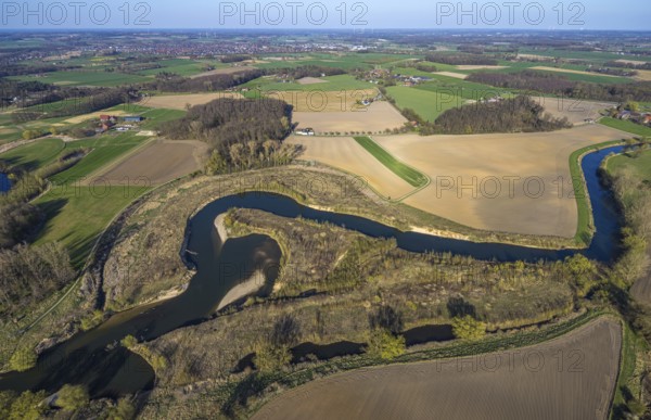Aerial view, river Lippe meander, Lippe loop, river development and floodplain development of the