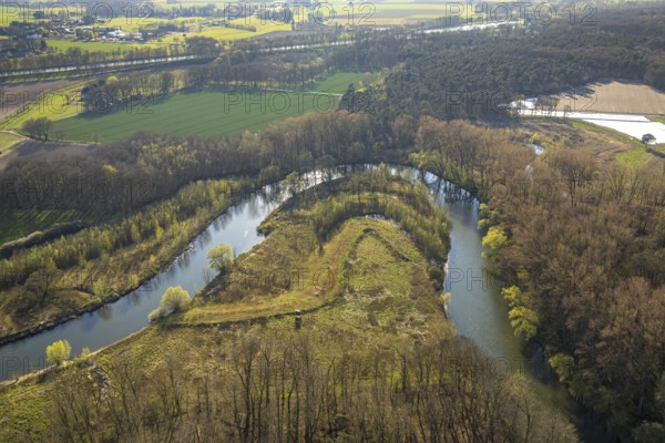 Aerial view, river Lippe meander, Lippe loop, river development and floodplain development of the