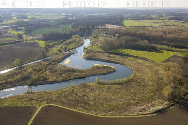 Aerial view, river Lippe meander, Lippe loop, river development and floodplain development of the