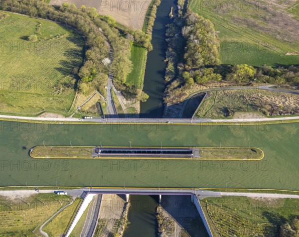 Aerial view, canal bridge Lippe Neue Fahrt, Dortmund-Ems-Kanal, NSG Lippeaue, river and floodplain