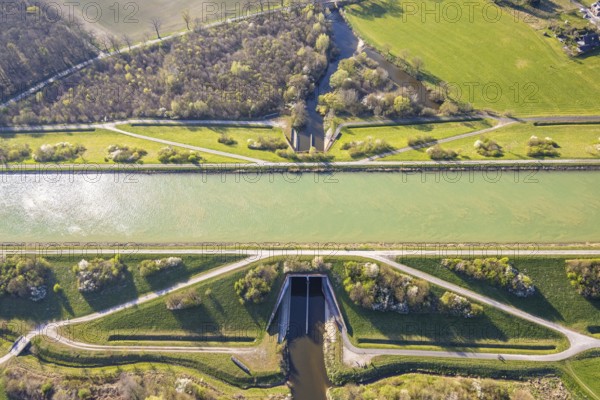 Aerial view, Hohe Mark nature park Park, Datteln-Ems Canal canal overpass and river Stever,