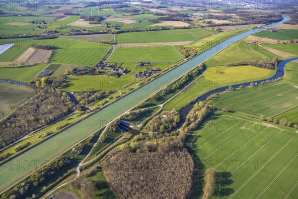 Aerial view, Hohe Mark nature park Park, Datteln-Ems Canal canal overpass and river Stever,