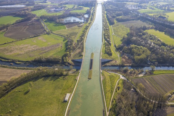 Aerial view, canal bridge Lippe Neue Fahrt, Dortmund-Ems-Kanal, NSG Lippeaue, river and floodplain