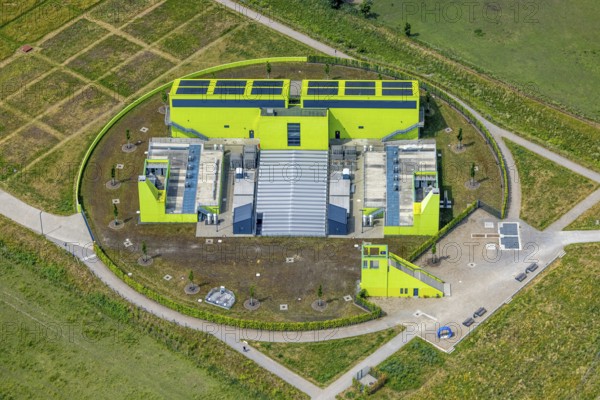 Aerial view, pumping station Oberhausen AKE, green building, Buschhausen, Oberhausen, Ruhr area,