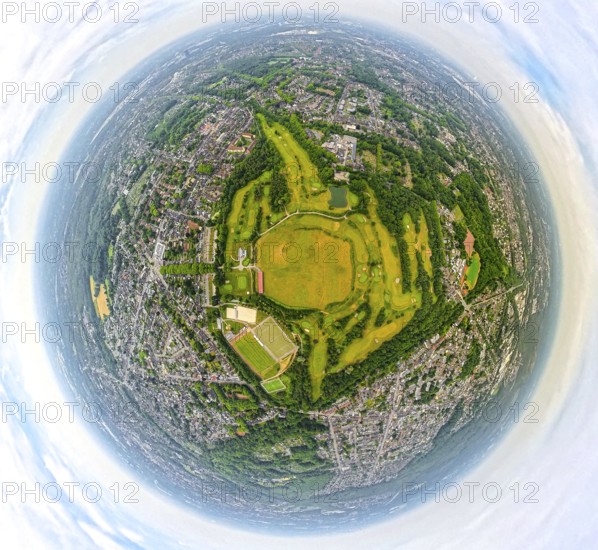 Aerial photo, POTTGOLF Oberhausen golf course and golf meadow, sports facility football pitch