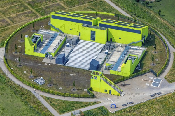 Aerial view, pumping station Oberhausen AKE, green building, Buschhausen, Oberhausen, Ruhr area,