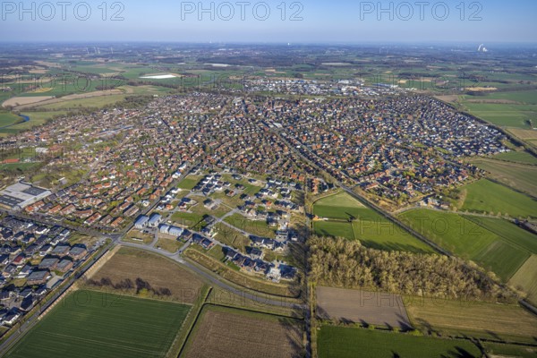 Aerial view, construction area, new development area Olfener Heide, streets with flower names,