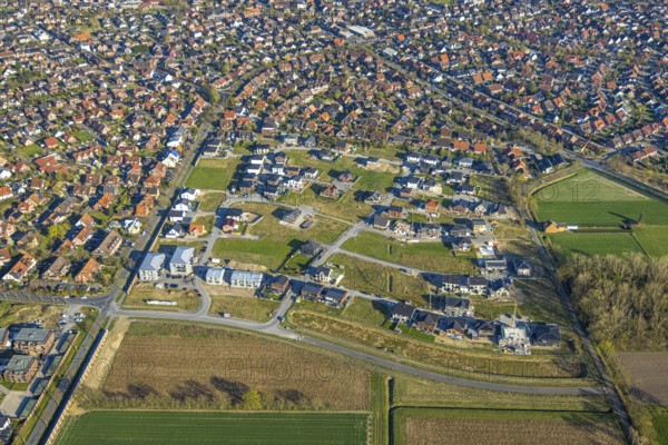 Aerial view, construction area, new development area Olfener Heide, streets with flower names,
