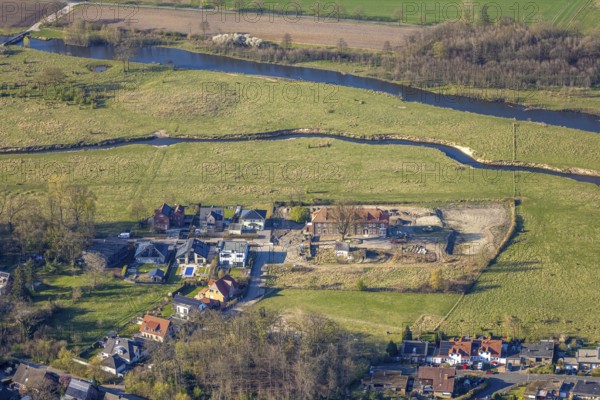 Aerial view, Haus Füchteln, construction site and building area, river Stever, Olfen-Kirchspiel,