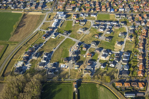 Aerial view, construction area, new development area Olfener Heide, streets with flower names,