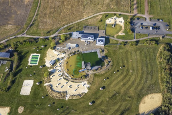 Aerial view, natural swimming pool Olfen outdoor pool and sandy beach and water playground,