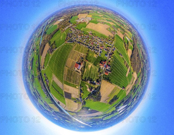 Aerial view, residential area, view of Vinnum district, surrounded by meadows and fields, globe,