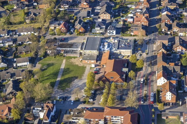 Aerial photo, volunteer fire brigade, indoor swimming pool construction site and town hall, Olfen