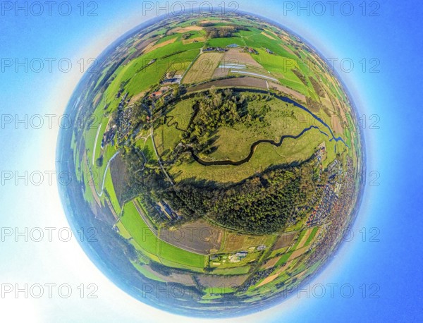 Aerial picture, Steveraue Olfen nature reserve NSG and river Stever meander, earth globe, fisheye
