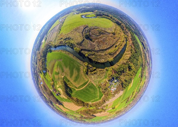 Aerial view, Lippe floodplain and river Lippe meander, meadows and fields, globe, fisheye image,
