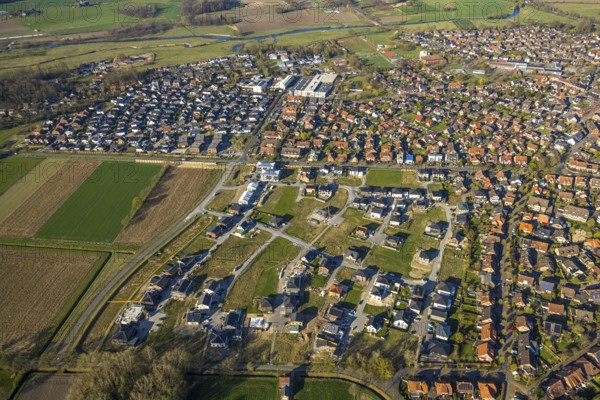 Aerial view, construction area, new development area Olfener Heide, streets with flower names,