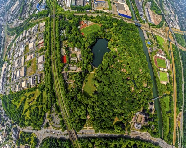 Aerial view, Kaisergarten Park and Zoo, forest with lake, globe, fisheye image, fisheye image, 360
