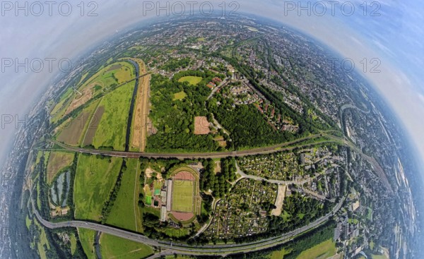 Aerial view, Ruhrpark forest area on the Ruhr river and Ruhr valley with railway bridge,