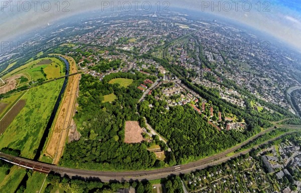 Aerial view, Ruhrpark forest area on the Ruhr river and Ruhr valley with railway bridge,