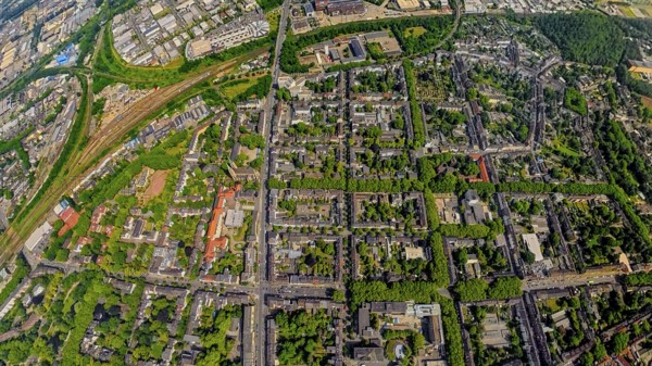 Aerial view, Knappenviertel, residential area Knappenstraße with square street layout and