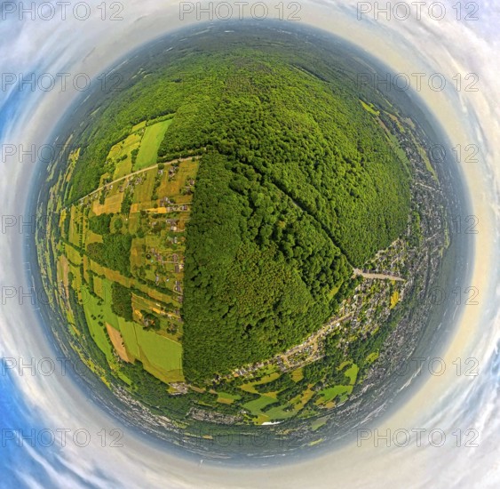 Aerial view, Hiesfeld forest, meadows and fields, globe, fisheye image, fisheye image, 360 degree