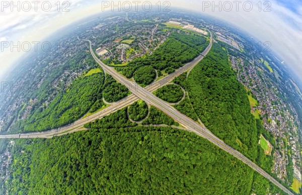 Aerial view, motorway junction Oberhausen with motorway A3, motorway A2 and motorway A516 in the