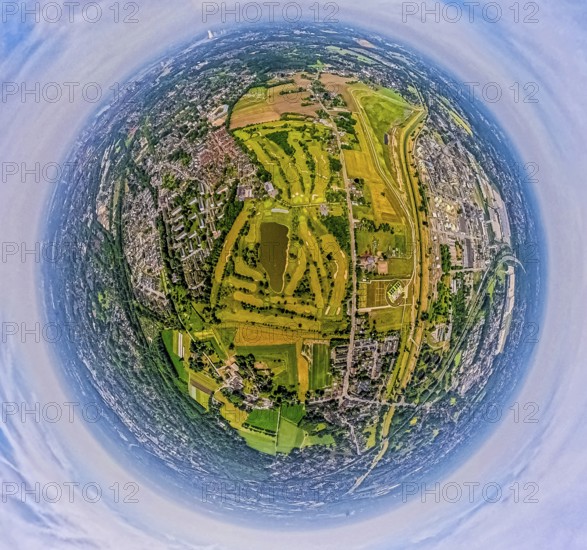 Aerial view, Golfclub Röttgersbach golf course with pond, globe, fisheye image, 360 degree image,