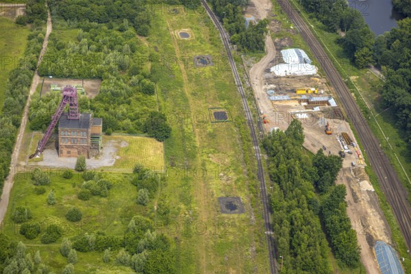 Aerial view, site with historic pithead frame of Sterkrade colliery, construction site, Schwarze